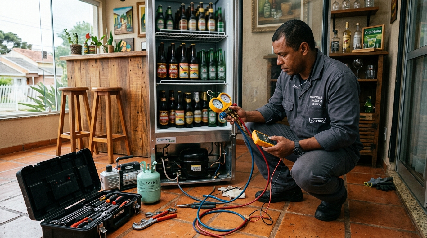 Técnico realizando manutenção de motor de cervejeira no Samapi, Teresina‑PI