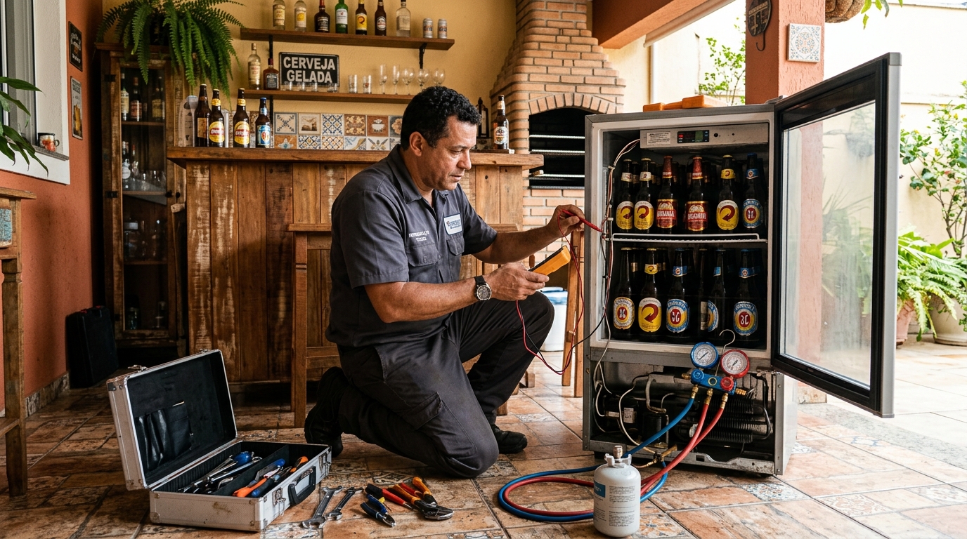 Recarga de gás refrigerante em cervejeira em atendimento no Samapi, Teresina‑PI