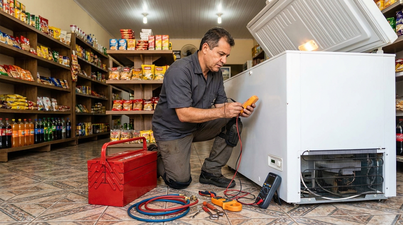 Recarga de gás refrigerante em freezer em atendimento em Teresina‑PI
