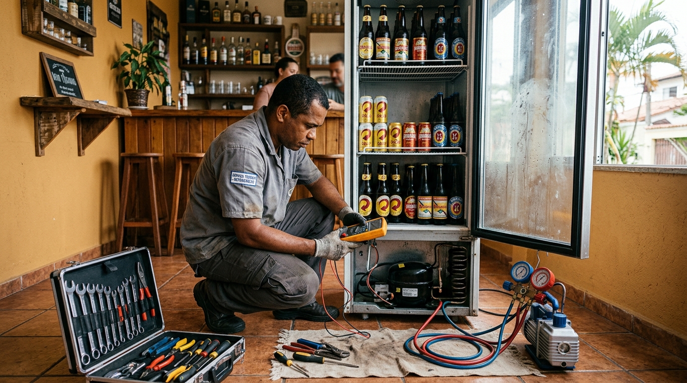 Troca de termostato de cervejeira em atendimento técnico no Samapi, Teresina‑PI